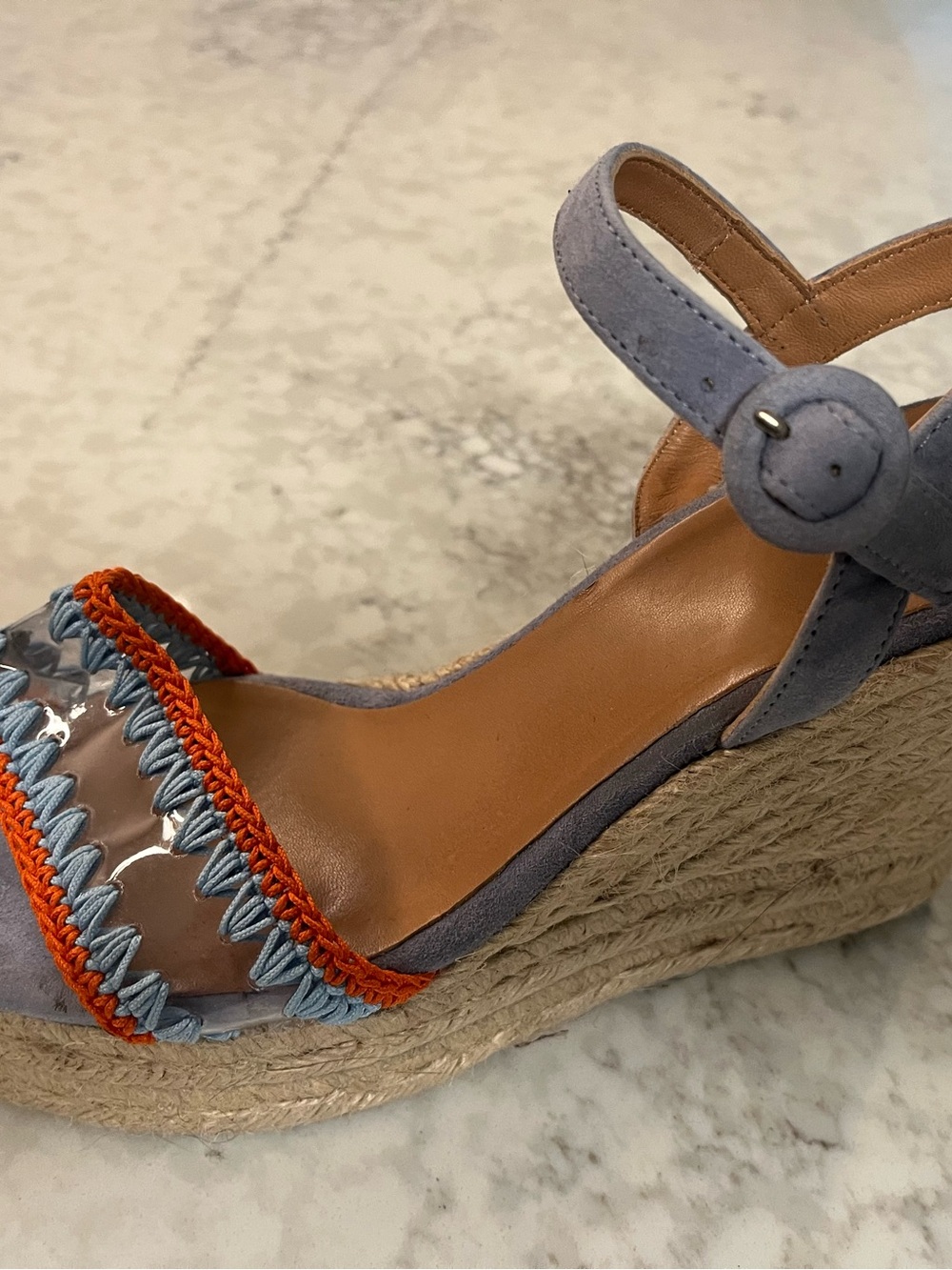 Castaner Lavender Suede Ankle-Strap Wedge with Orange Trim